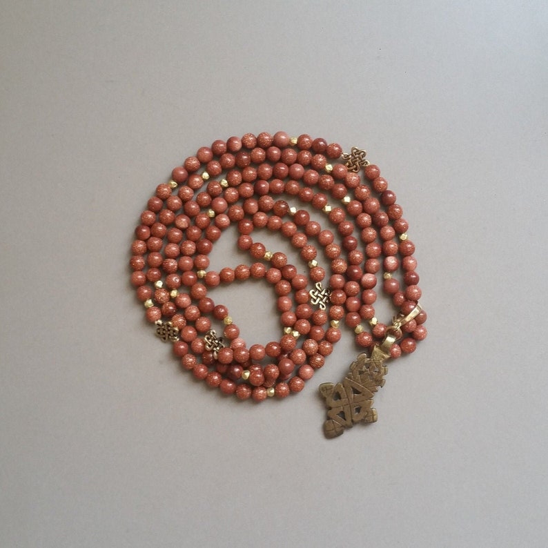 Handmade Natural Gold Sandstone Bead Necklace with Cross Pendant and Gold Accents image 1