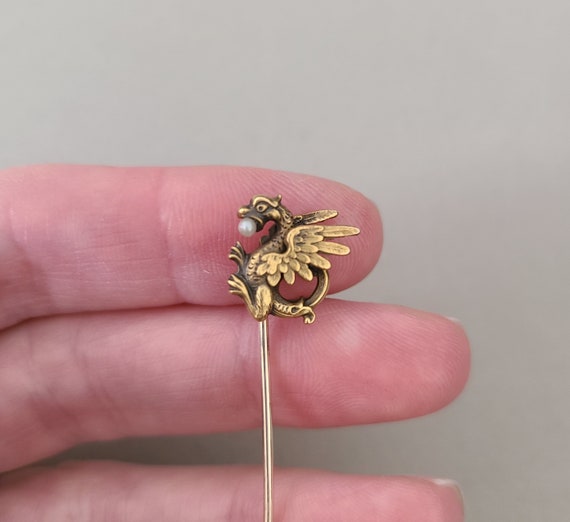 Antique 14K Solid Yellow Gold Griffin Stick Pin; … - image 3