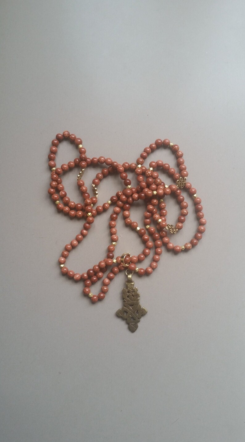 Handmade Natural Gold Sandstone Bead Necklace with Cross Pendant and Gold Accents image 2