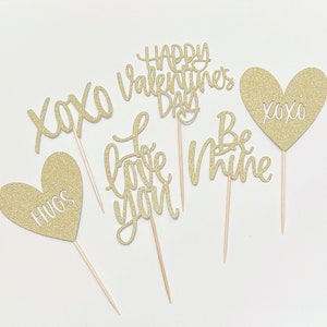 Valentine&#39;s Day Cupcake Toppers | Variety Pack | Glitter | Gold | Silver | Desert Sand | Hand Lettered