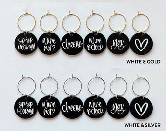 Black Wine Glass Charms | Set of 6 | Drink Markers | Wine Tags | Acrylic | Silver | Gold | Hostess Gift | Housewarming Gift