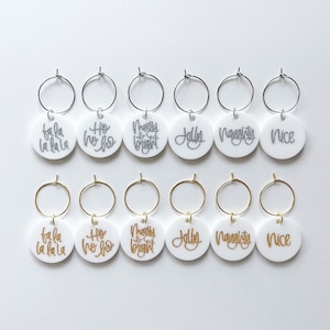 Christmas Wine Charms | Set of 6 | Drink Markers | Wine Tags | Holiday | Acrylic | Silver | Gold