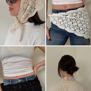 May include: A collection of cream and black crochet accessories. The items include a headscarf, a waist wrap, and a neck scarf. The crochet patterns feature floral and geometric designs, offering a vintage aesthetic.