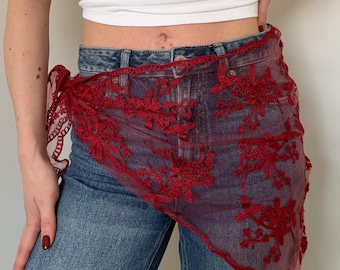 Red Lace Triangle Scarf Bandana Neck Waist Tie Neckerchief Wrap Skirt Sarong Headscarf Coverup Accessory