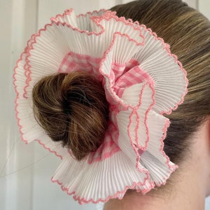 Rosa übergroße Rüschen Scrunchie Gingham Französische Spitze Rüschen Plissee Scrunchies Doppelschicht Haar Accessorie XXL Großes Haar Geschenk Sie Weihnachten