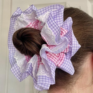 Pastel Pink Purple Oversized Frilly Scrunchie Gingham French Lace Frill Pleated Scrunchies Double Layer Hair Accessories XXL Large Hair Gift