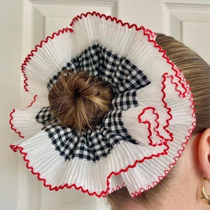Black Gingham Red Trim Oversized Frilly Scrunchie French Lace Frill Pleated Scrunchies Double Layer Hair Accessories XXL Large Hair Gift Her