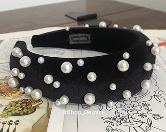 Velvet Pearl Padded Headband Black Oversized Assorted Pearls Hairband Wedding Bridesmaid Fascinator Hair Accessories (The Matisse)