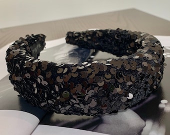 Sequin Velvet Headband Black Chunky Voluminous Hairband Bridal Wedding Bridesmaid Fascinator Hair Accessories (The Monet)