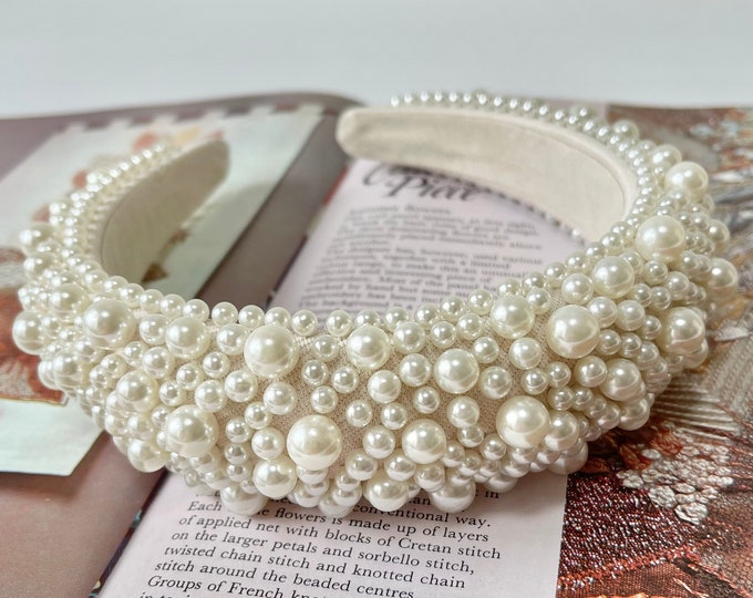 Pearl Headband Off White Chunky Padded Assorted Pearls Hairband Bridal Hair Accessories Wedding Bridesmaid Fascinator (The Greco)