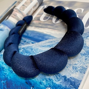 Velvet Bubble Twist Padded Headband Navy Blue Chunky Quilted Hairband Bridal Bridesmaid HairAccessories Fascinator Wedding (The Hoch)