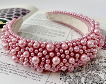 Pearl Headband Metallic Pink Chunky Padded Assorted Pearls Hairband Bridal Hair Accessories Wedding Bridesmaid Fascinator (The Greco)
