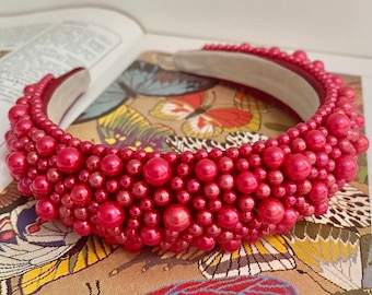 Pearl Headband Metallic Red Chunky Padded Assorted Pearls Hairband Bridal Hair Accessories Wedding Fascinator Christmas (The Greco)