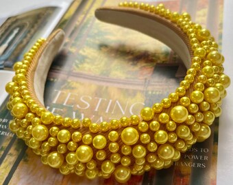 Pearl Headband Yellow Gold Chunky Padded Assorted Pearls Hairband Bridal Hair Accessories Wedding Bridesmaid Fascinator (The Greco)