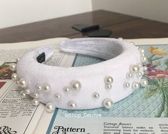 Velvet Pearl Padded Headband White Oversized Assorted Pearls Hairband Wedding Bridesmaid Fascinator Hair Accessories (The Matisse)