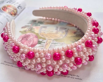 Pearl Headband Pink Chunky Padded Assorted Pearls Hairband  display picture 1