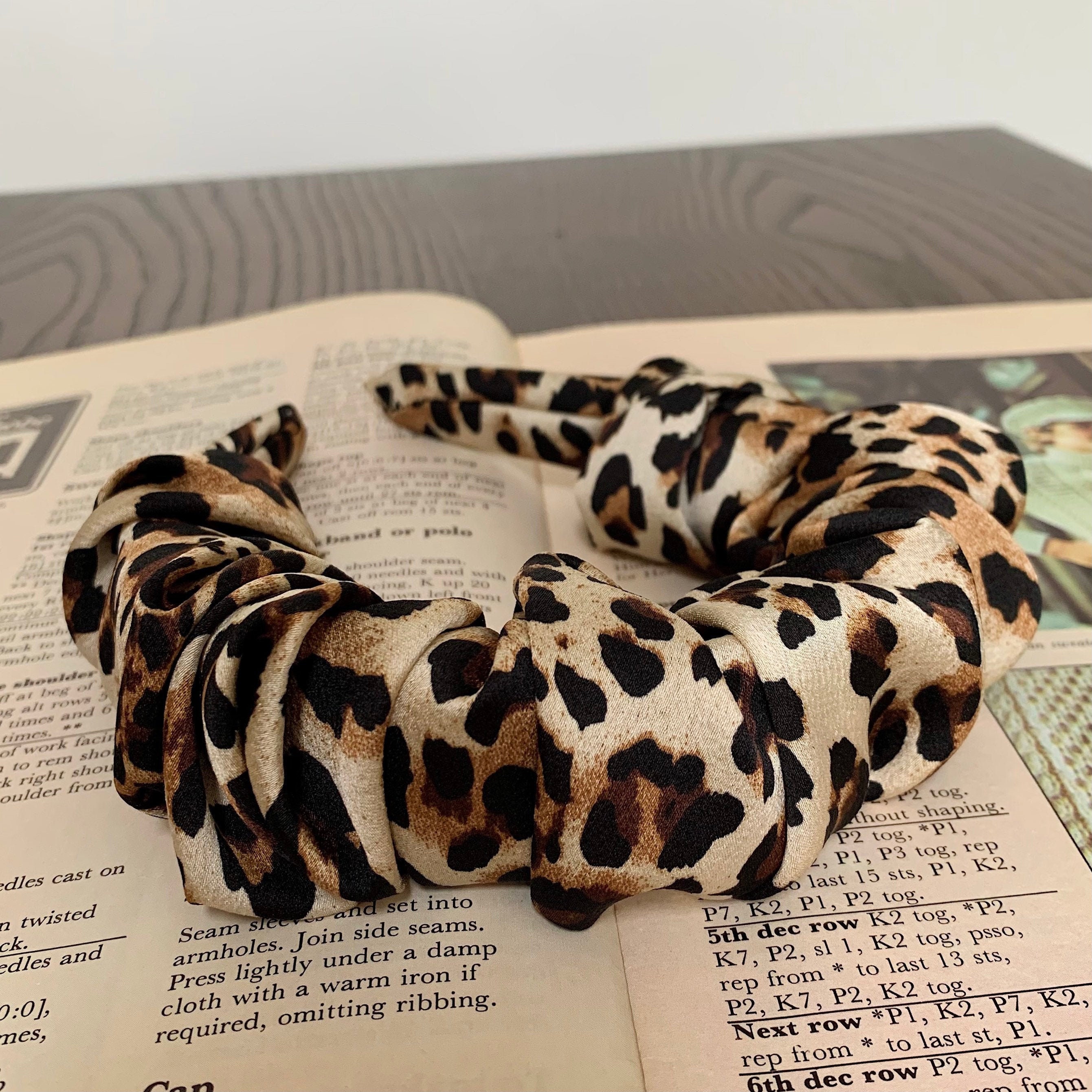 Leopard Print Scrunchie Headband Silk Ruched Ruffle Brown Tan Hairband Pattern Bridal Bridesmaid Hair Accessories | The Rothko