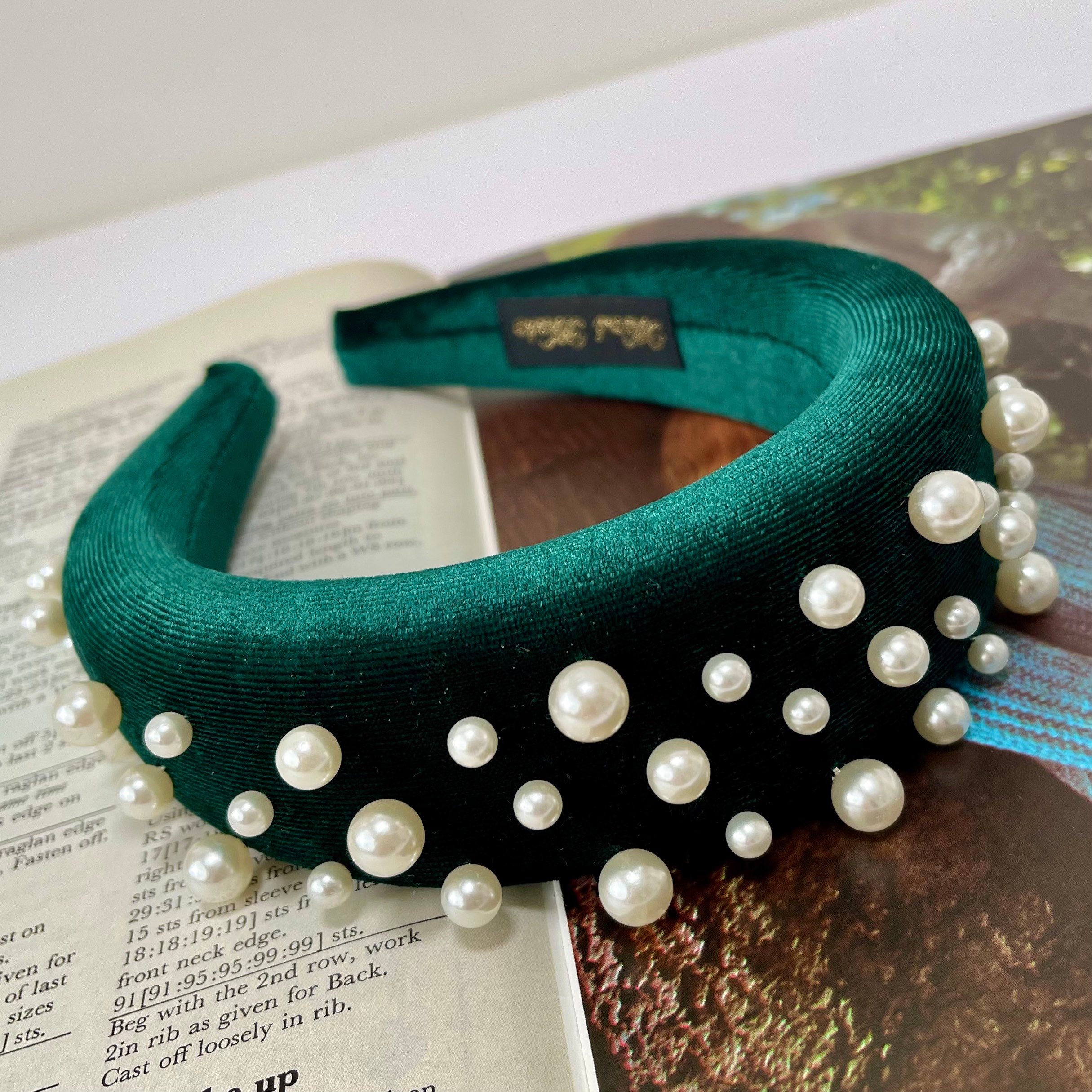 Velvet Pearl Padded Headband Forest Green Oversized Assorted Pearls Hairband Wedding Bridesmaid Fascinator Hair Accessories | The Matisse