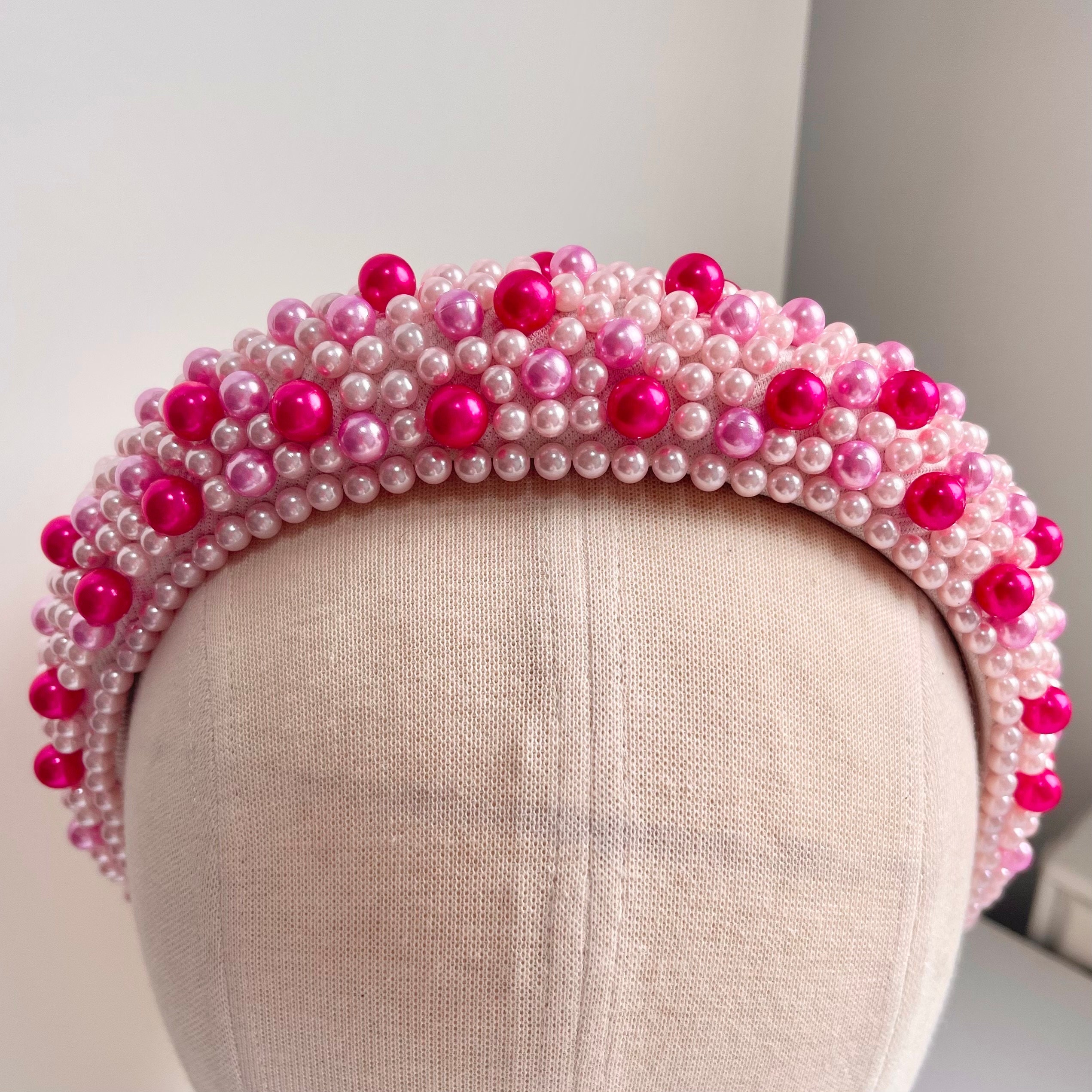 Pearl Headband Pink Chunky Padded Assorted Pearls Hairband 