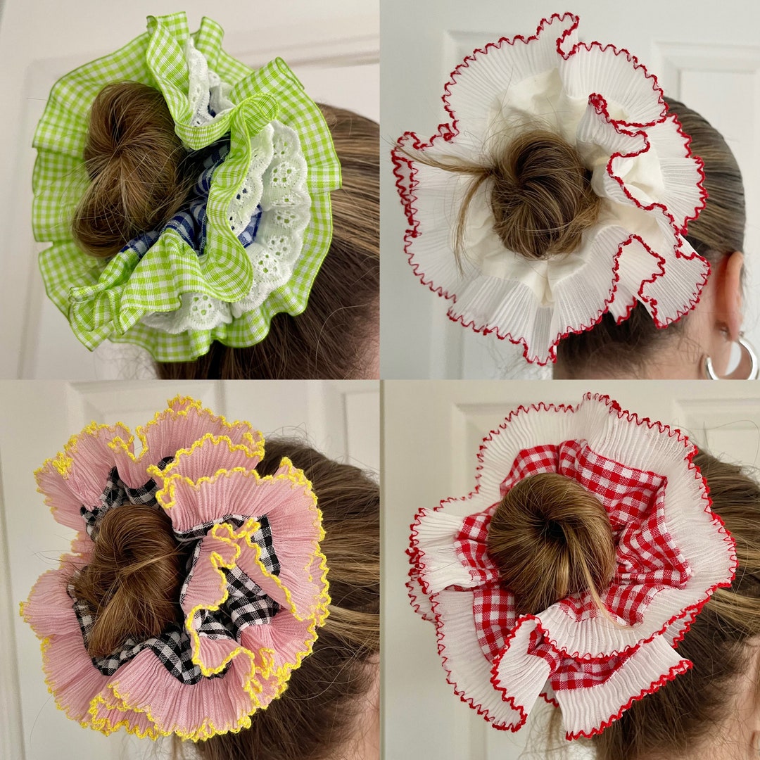 Oversized Frilly Gingham Scrunchie French Lace Frill Pleated Scrunchies ...