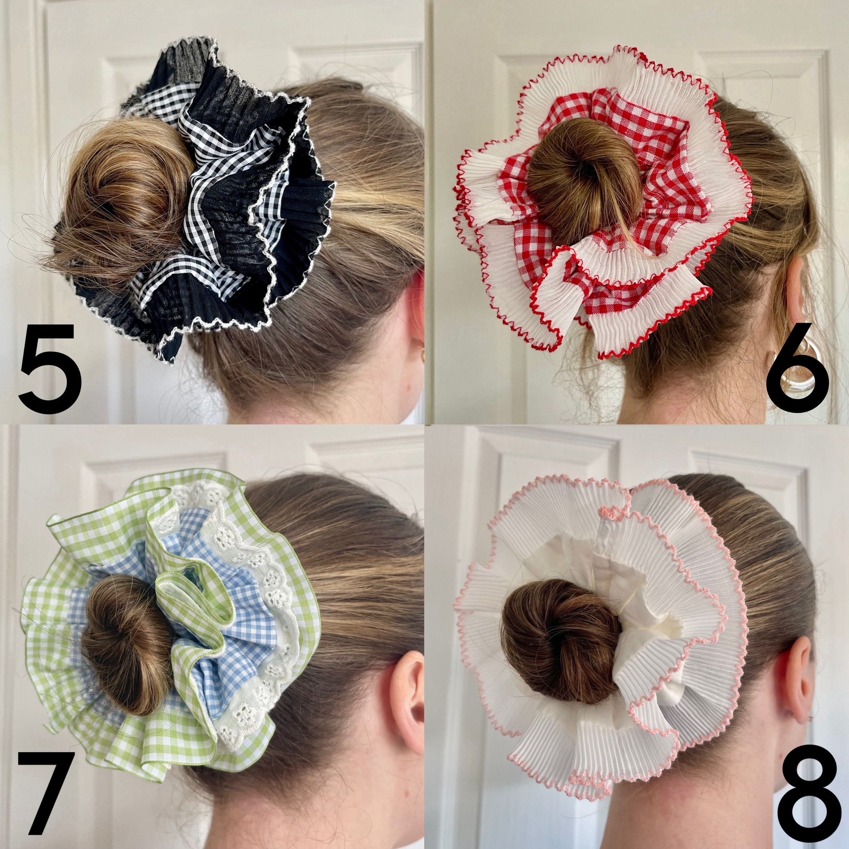 【OVERDUEFLAIR】[scrunchie set]ruffle trimming ops Oversized Frilly Gingham Scrunchie French Lace Frill Pleated