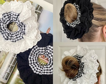 Oversized Broderie Anglaise Gingham Scrunchie French Lace Frill Scrunchies Black White Double Layer Hair Accessories XXL Large Hair Checked