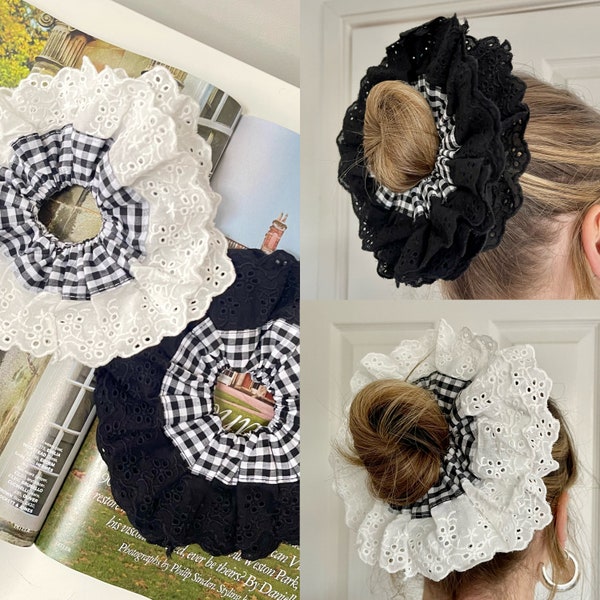 Oversized Broderie Anglaise Gingham Scrunchie French Lace Frill Scrunchies Black White Double Layer Hair Accessories XXL Large Hair Checked