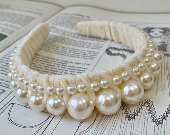 Velvet Pearl Headband White Large Pearls Hairband Bridal Hair Accessories Hairband Wedding Bridesmaid Fascinator (The Magritte)