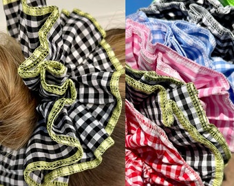 Oversized Gingham Check Checked Scrunchie French Lace Frill Scrunchies Handmade Double Layered Hair Accessories XXL Large Hair Tie Plaid