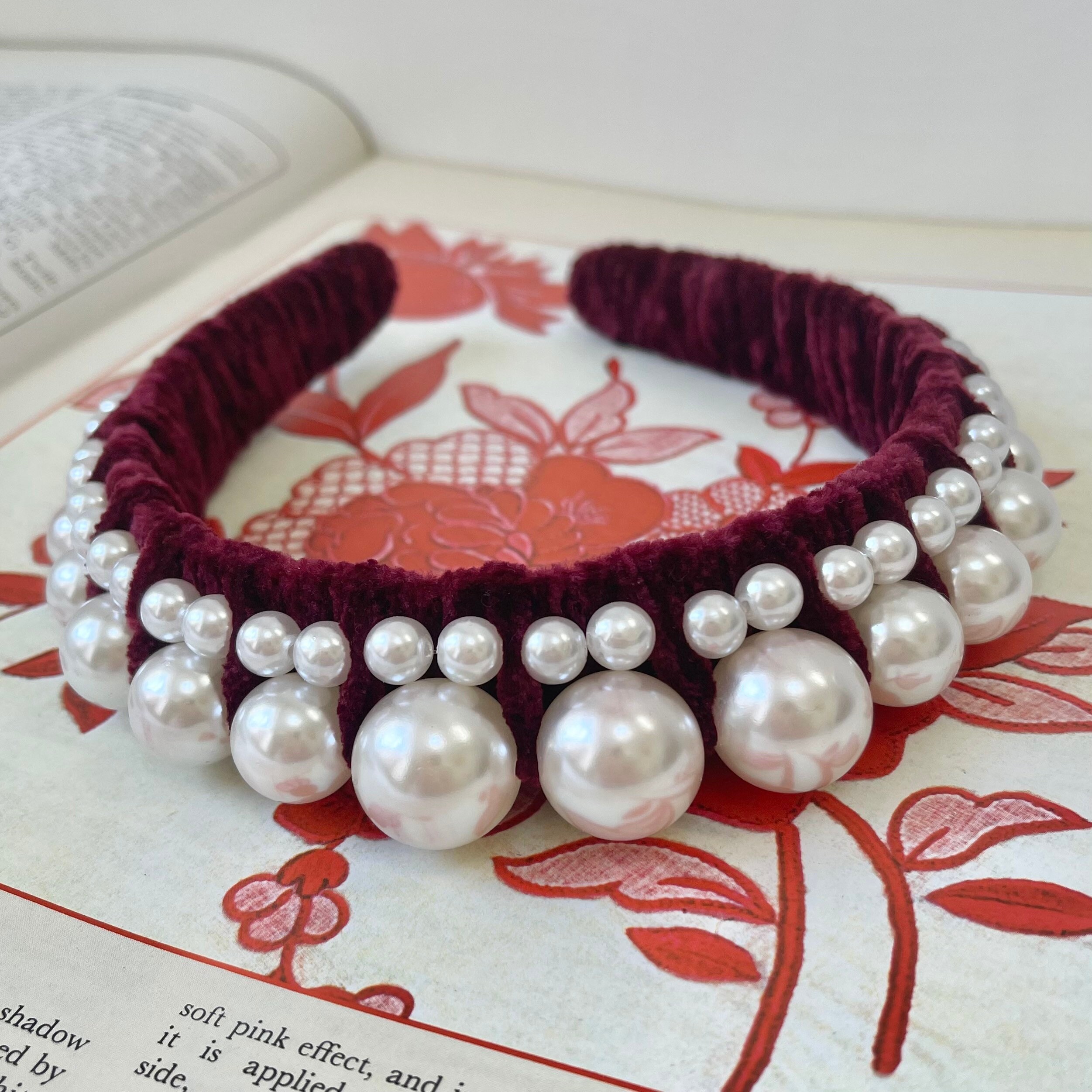 Velvet Pearl Headband Burgundy Large Pearls Hairband Bridal Hair Accessories Wedding Bridesmaid Fascinator | The Magritte