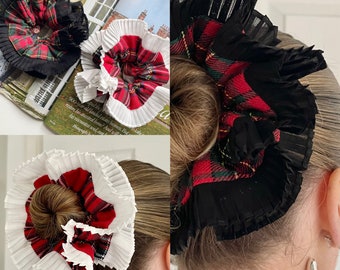 Oversized Tartan Check Scrunchie French Lace Frill Scrunchies Black Red Double Layer Hair Accessories XXL Large Hair Checked Gingham