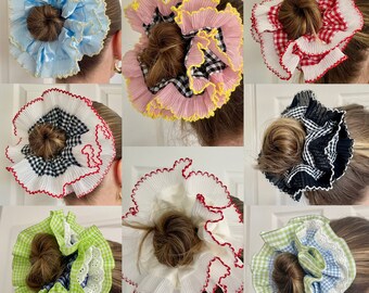 Übergroßes Frilly Gingham Scrunchie, französische Spitze, Rüschen, plissierte Haargummis, Rot, Rosa, Schwarz, doppellagiges Haar-Accessoire, XXL, großes Haar, kariert