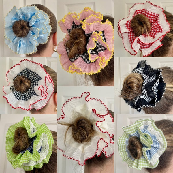 De gran tamaño Frilly Gingham Scrunchie encaje francés volante plisado Scrunchies rojo rosa negro doble capa accesorios para el cabello XXL pelo grande a cuadros