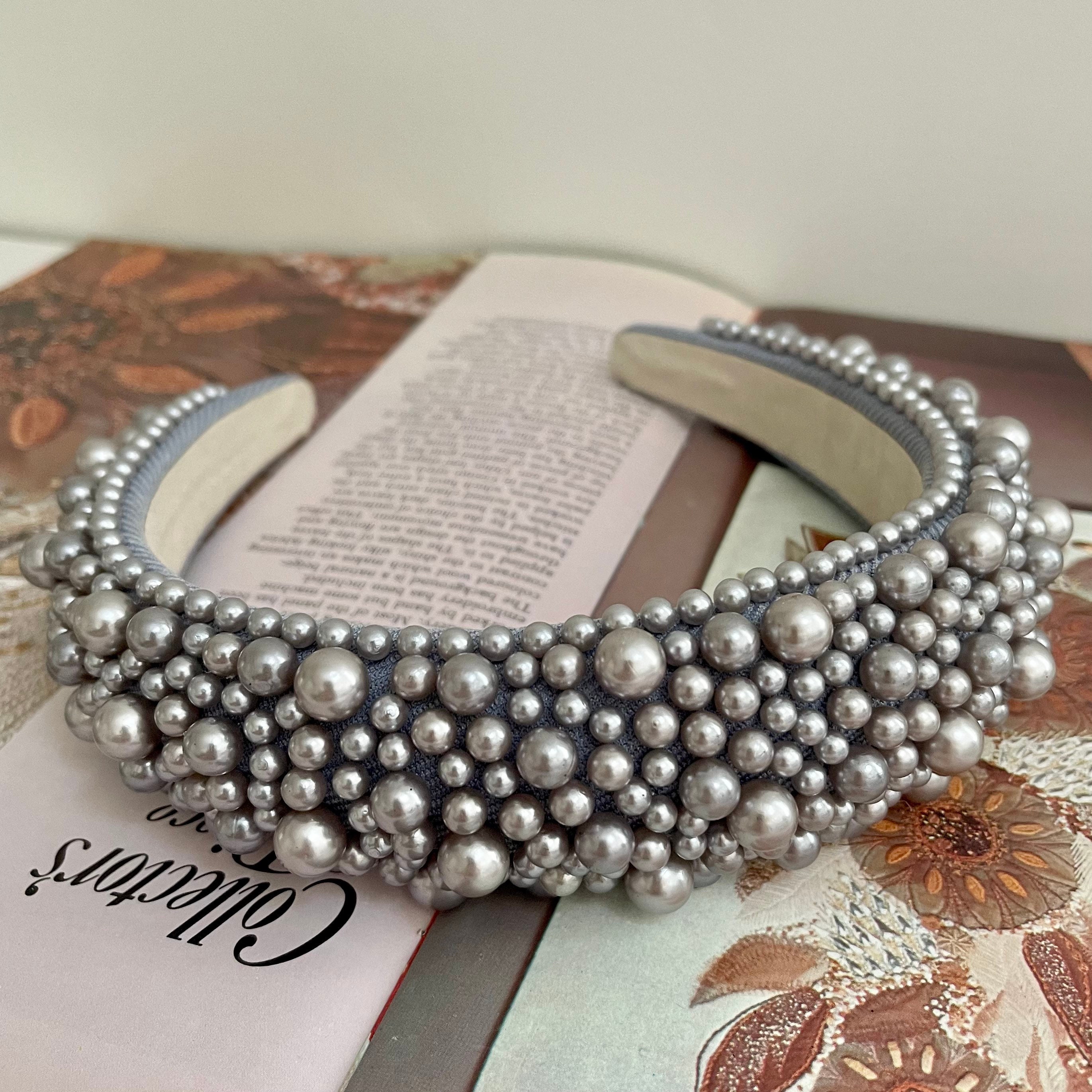 Pearl Headband Metallic Silver Grey Chunky Padded Assorted Pearls Hairband Bridal Hair Accessories Wedding Bridesmaid Fascinator | The Greco
