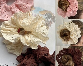 Oversized Frilly Scrunchie French Lace Frill  Scrunchies Double Layer Hair Accessories XXL Large Hair Broderie Anglaise Pink Brown