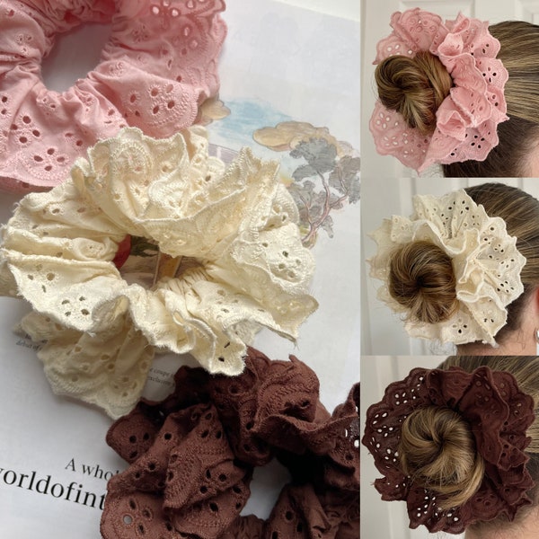 Oversized Frilly Scrunchie French Lace Frill  Scrunchies Double Layer Hair Accessories XXL Large Hair Broderie Anglaise Pink Brown