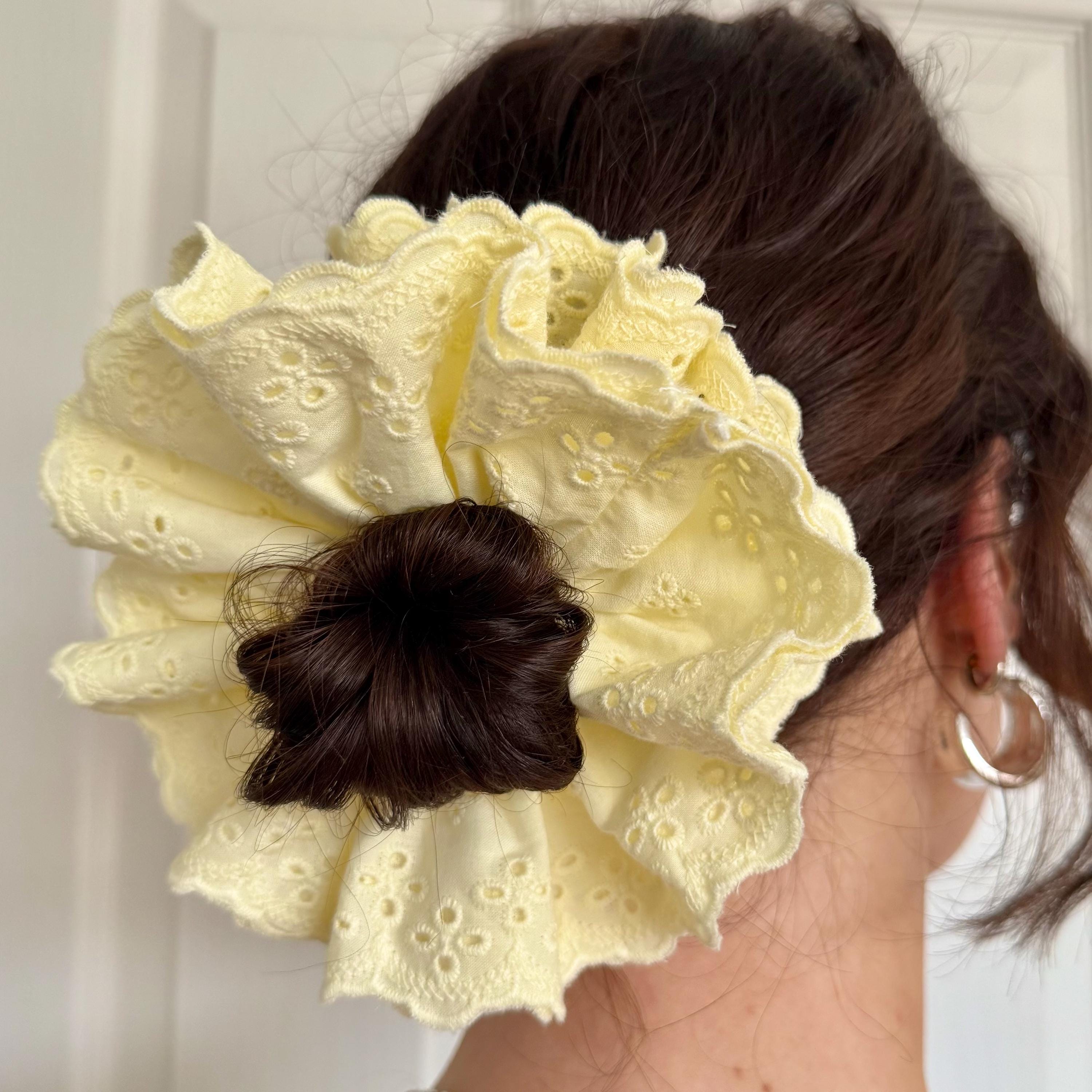 Oversized Butter Yellow Frilly Scrunchie French Lace Frill Scrunchies Double Layer Hair Accessorie XXL Large Hair Broderie Anglaise Gift Her