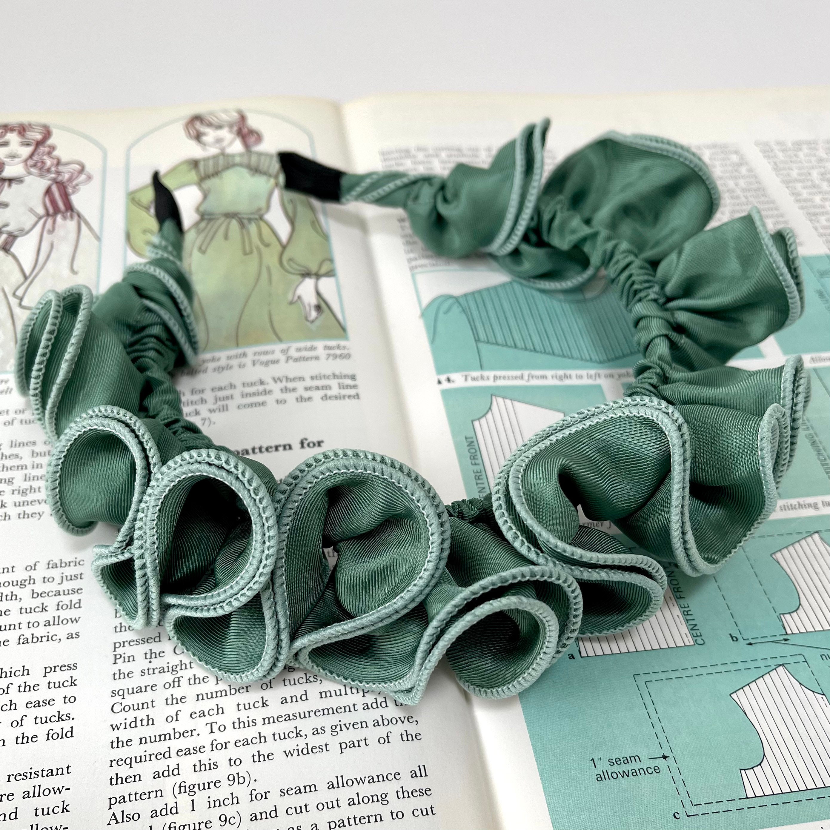 Chunky Scrunchie Headband Sage Green Ruched Ruffle Frill Hairband Silk Wedding Bridal Bridesmaid Hair Accessories Fascinator | The Klimt