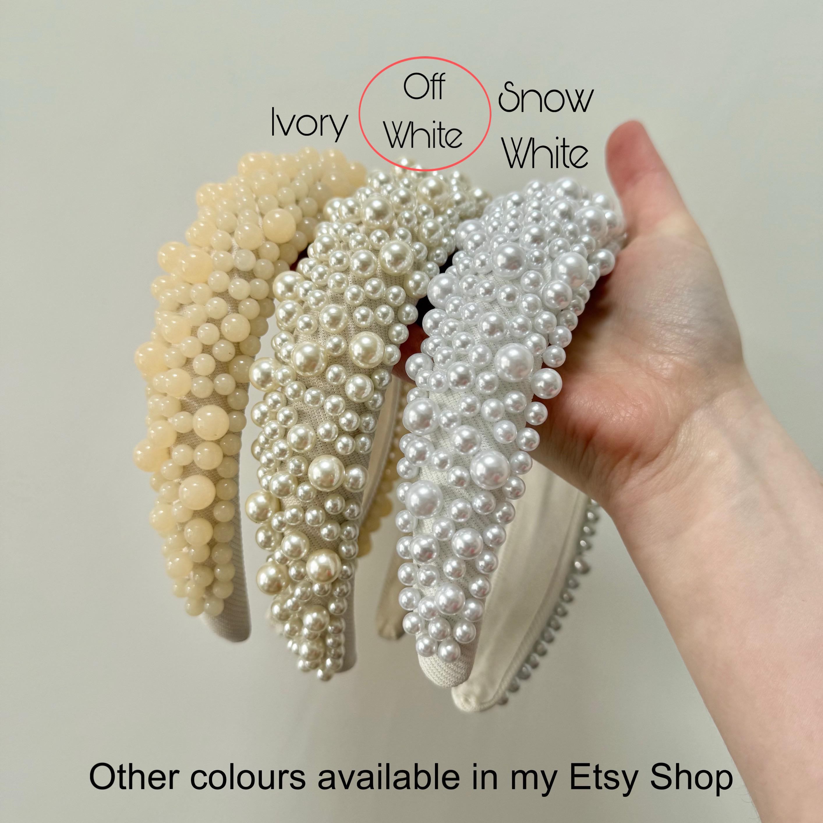 Creamy White Pearl Padded Womens Headband Headpiece Wedding Party Special Event Pearl Headband off White Chunky Padded Assorted Pearls  main image 3