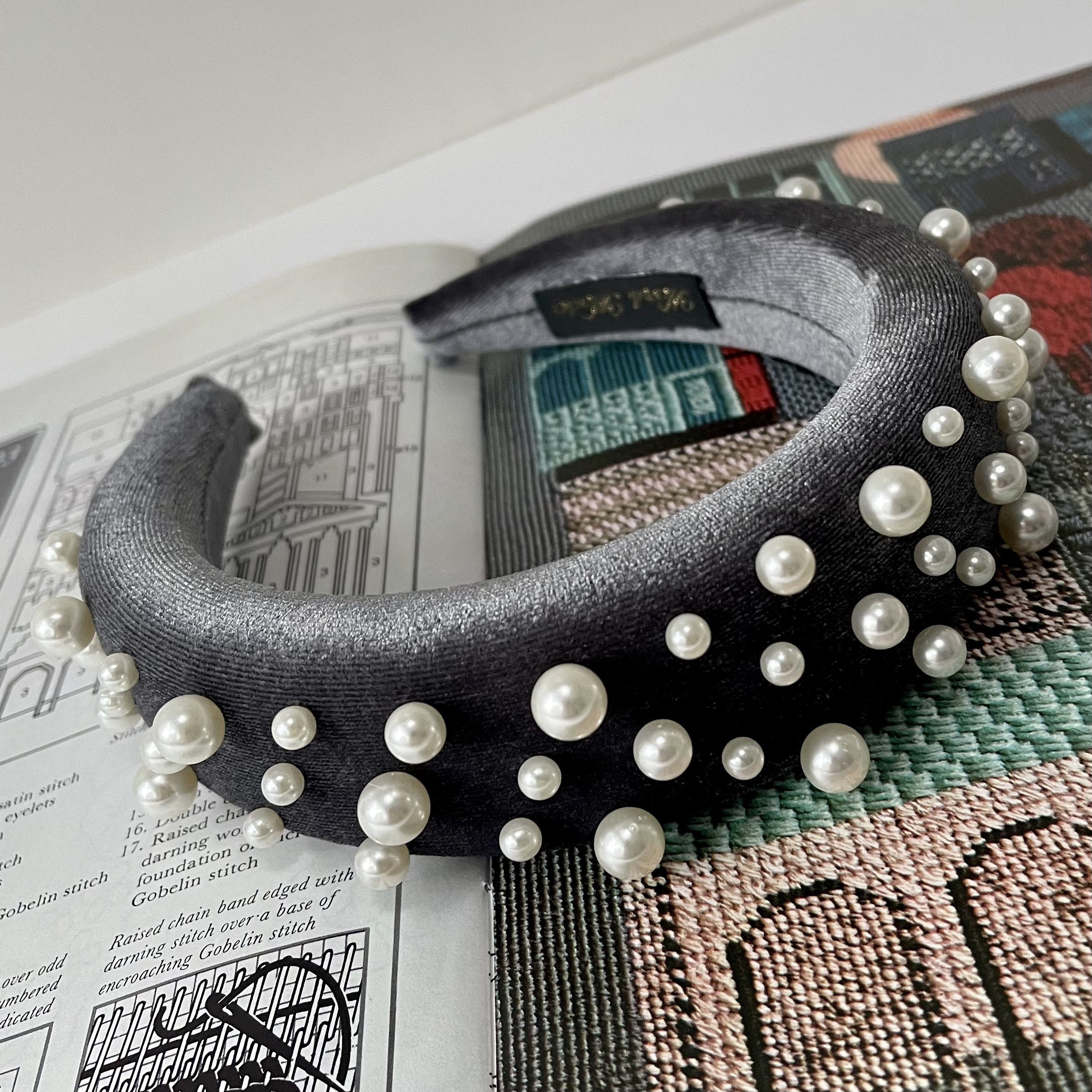 Velvet Pearl Padded Headband Grey Silver Oversized Assorted Pearls Hairband Wedding Bridesmaid Fascinator Hair Accessories | The Matisse