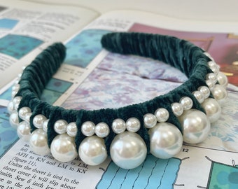 Velvet Pearl Headband Teal Green Large Pearls Hairband Bridal Hair Accessories Hairband Wedding Bridesmaid Fascinator (The Magritte)