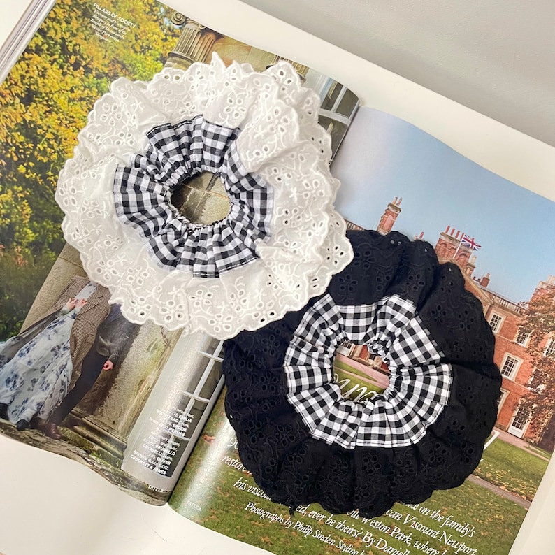 Oversized Broderie Anglaise Gingham Scrunchie French Lace Frill Scrunchies Black White Double Layer Hair Accessories XXL Large Hair Checked image 2