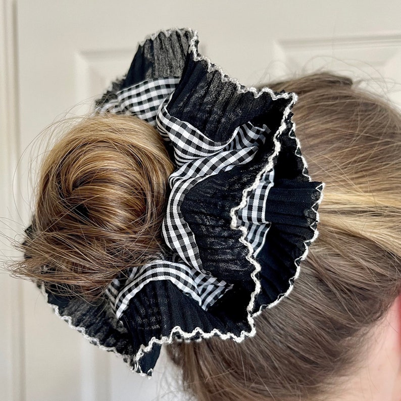 Oversized Frilly Gingham Scrunchie French Lace Frill Pleated Scrunchies Red Pink Black Double Layer Hair Accessories XXL Large Hair Checked Black