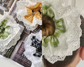 Oversized Broderie Anglaise Gingham Scrunchie French Lace Frill Scrunchies Handmade Double Layer Hair Accessories XXL Large Hair Tie Checked