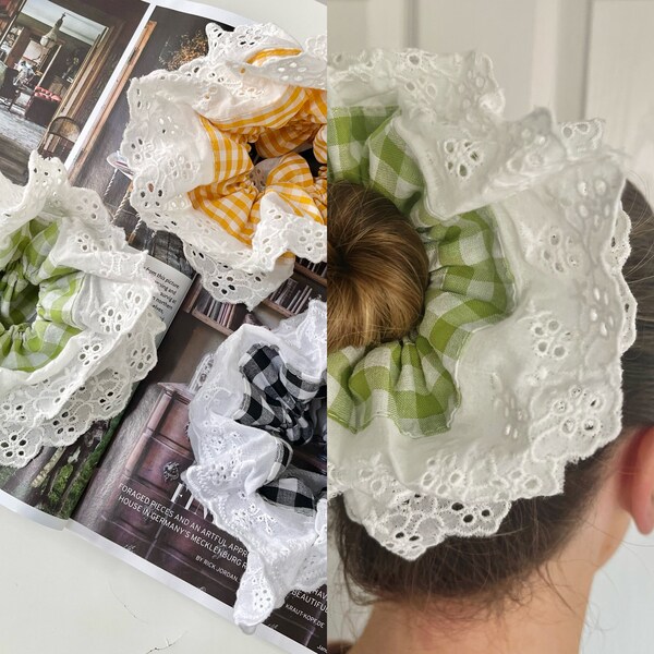 Oversized Broderie Anglaise Gingham Scrunchie French Lace Frill Scrunchies Handmade Double Layer Hair Accessories XXL Large Hair Tie Checked