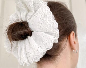 Oversized White Frilly Scrunchie French Lace Frill  Scrunchies Double Layer Hair Accessories XXL Large Hair Broderie Anglaise Gift Her