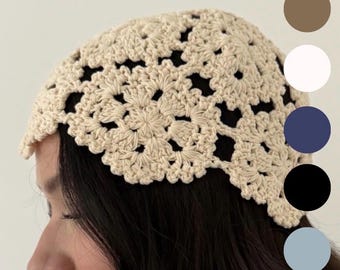 Crochet Skull Cap Hat Beanie Knitted Floral Festival Wedding Bride Bridal Bonnet Vintage Retro White Black Brown Cream Blue