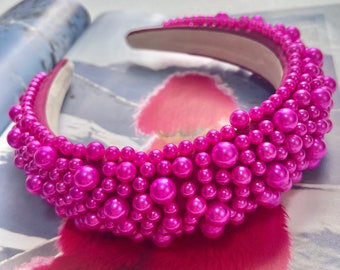 Pearl Headband Fuscia Pink Chunky Padded Assorted Pearls Hairband Bridal Hair Accessories Wedding Bridesmaid Fascinator (The Greco)