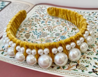 Velvet Pearl Headband Mustard Yellow Large Pearls Hairband Bridal Hair Accessories Hairband Wedding Bridesmaid Fascinator (The Magritte)