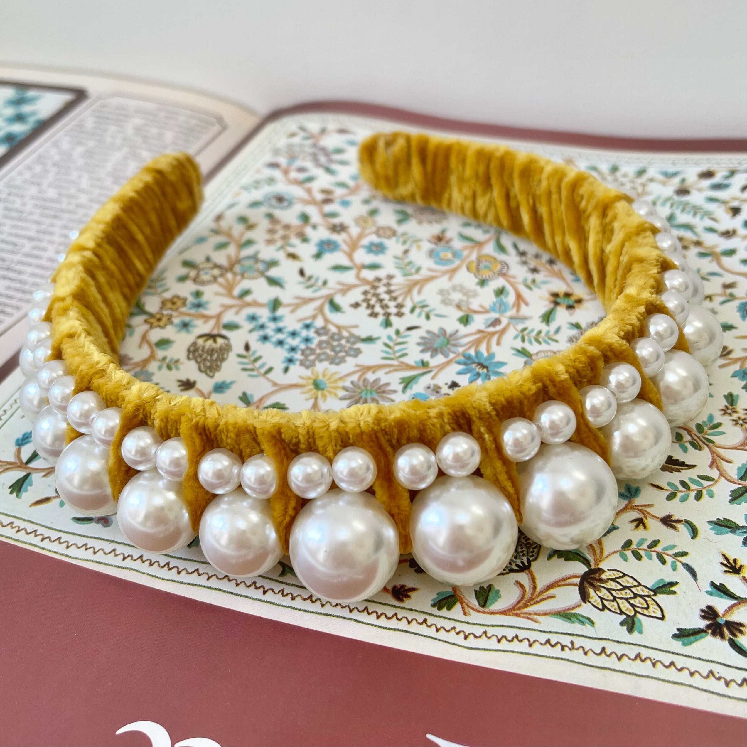 Velvet Pearl Headband Mustard Yellow Large Pearls Hairband Bridal Hair Accessories Wedding Bridesmaid Fascinator | The Magritte